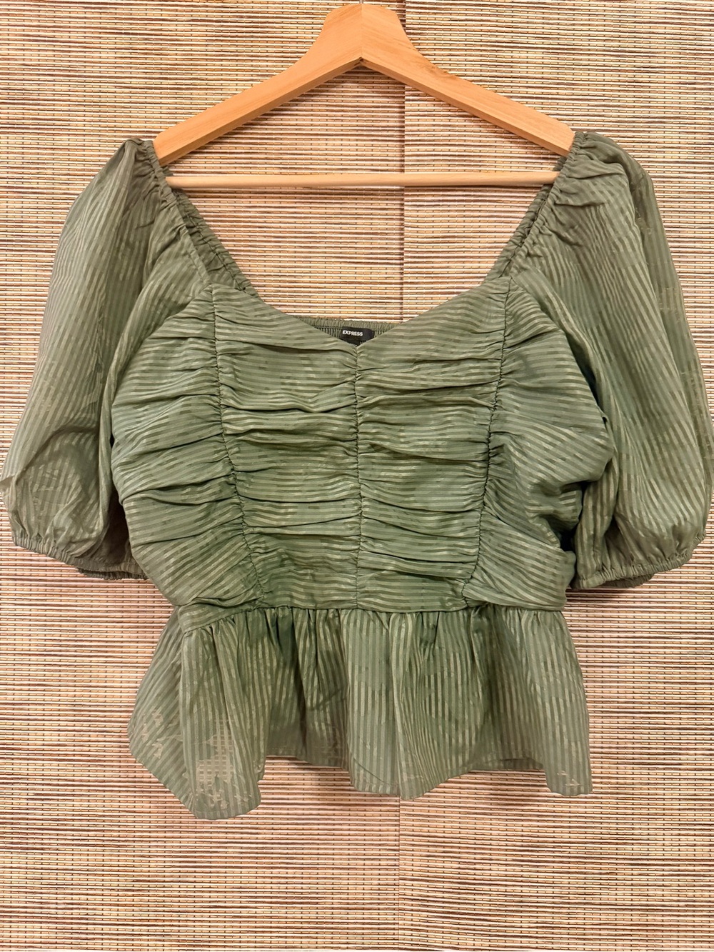 Express Olive Green Ruched Puff-Sleeve Peplum Blouse